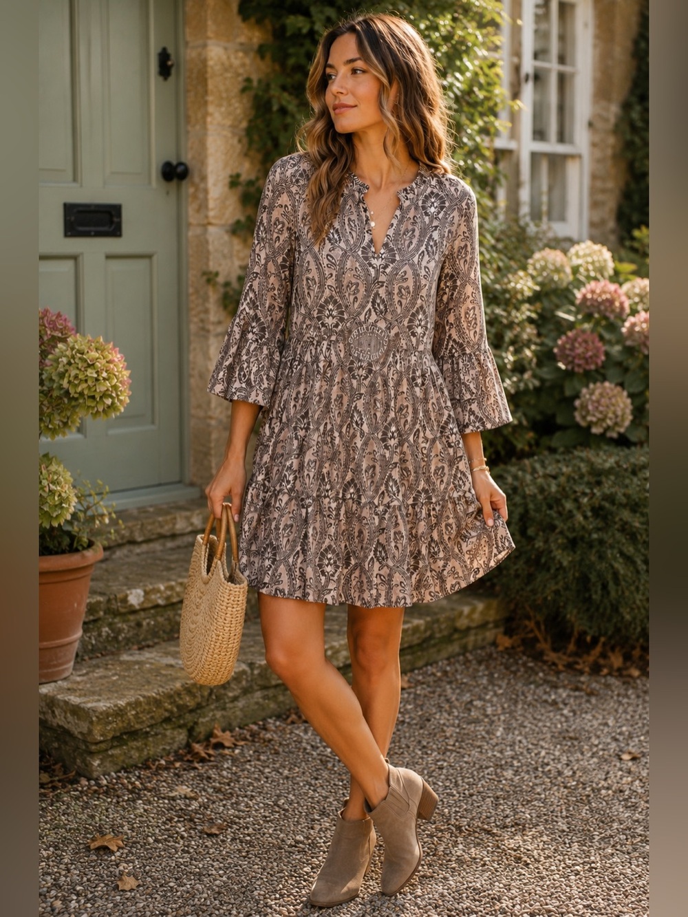 Spartina 449 Paisley Tiered Mini Dress M Ruffle Neck Bell Sleeve Fall
